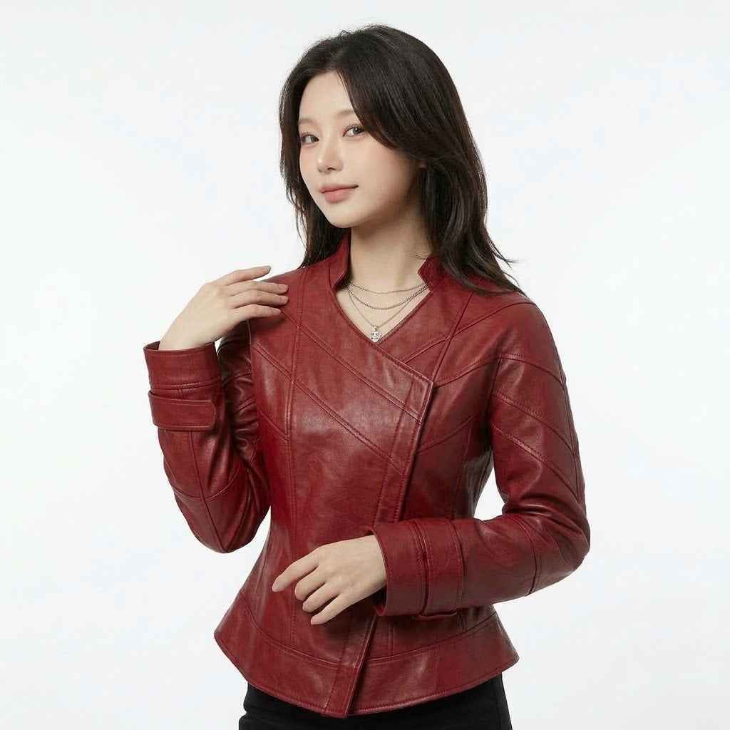 Women’s Curved Harness-Panel Leather Jacket | Stylish Premium Biker Jacket