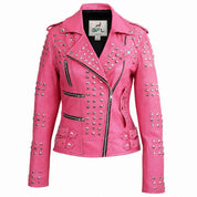 BFL Roselle Studded Pink Biker Leather Jacket – Women’s Motorcycle Jacket
