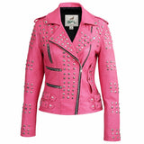 BFL Roselle Studded Pink Biker Leather Jacket