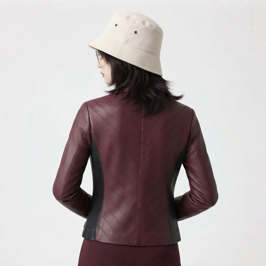 Women’s Diagonal Pleat Leather Jacket | Premium Genuine Leather