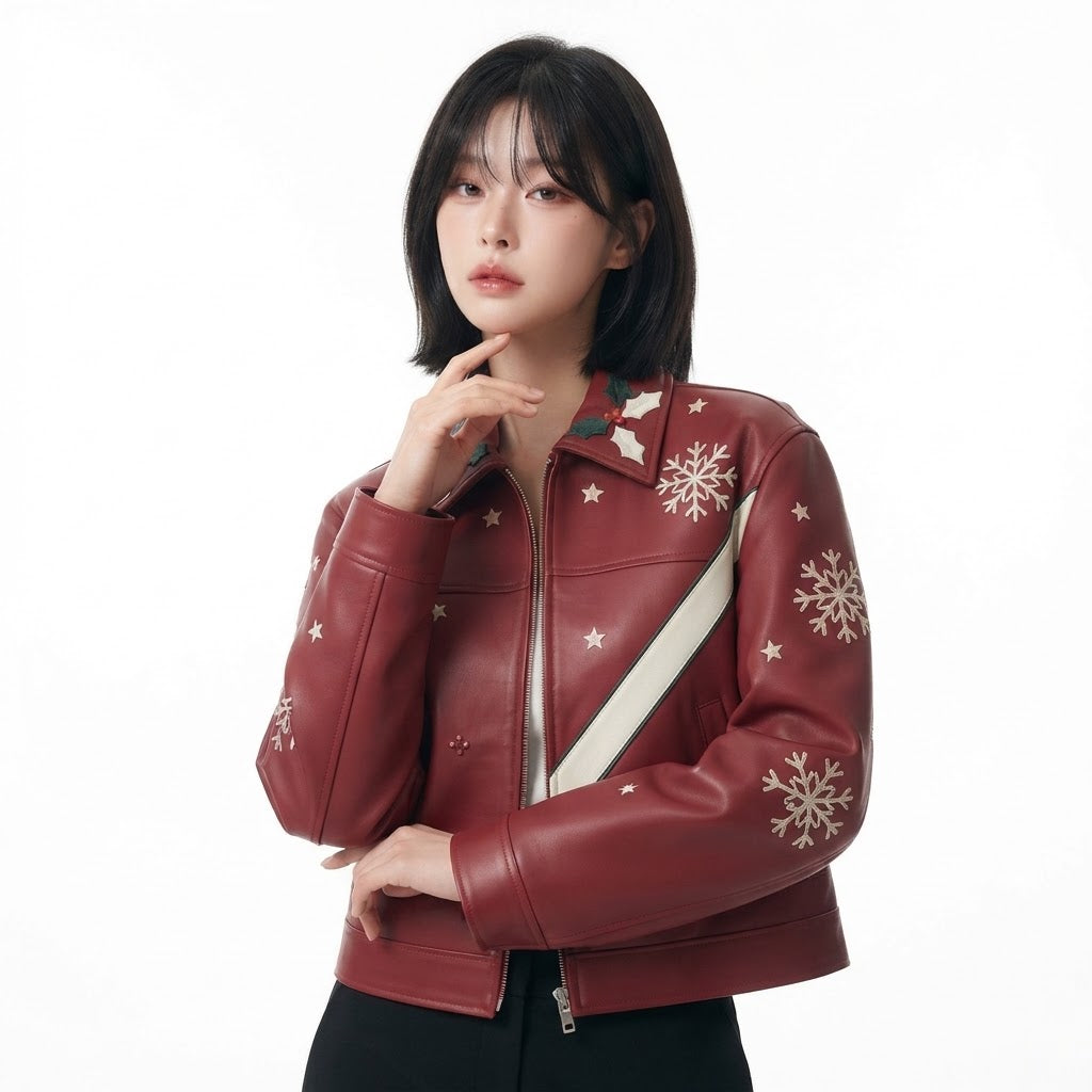 Women’s Festive Christmas Leather Jacket – Premium Red Holiday Fashion Jacket