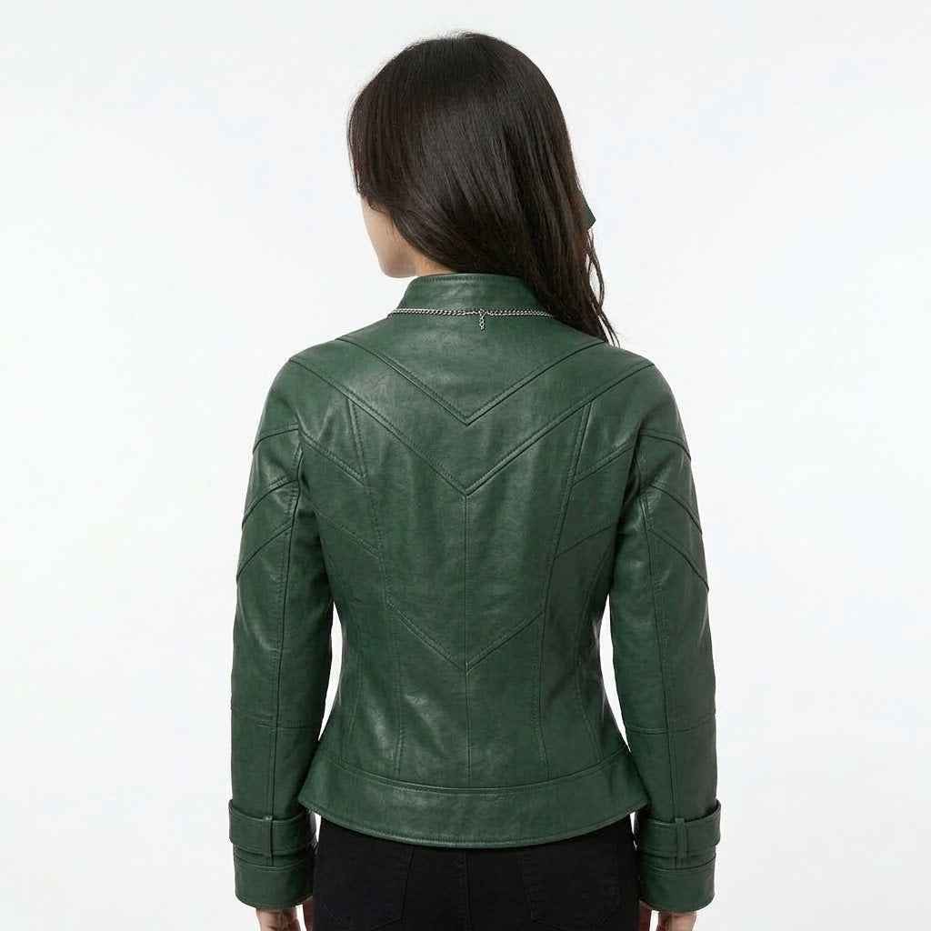 Women’s Curved Harness-Panel Leather Jacket | Stylish Premium Biker Jacket