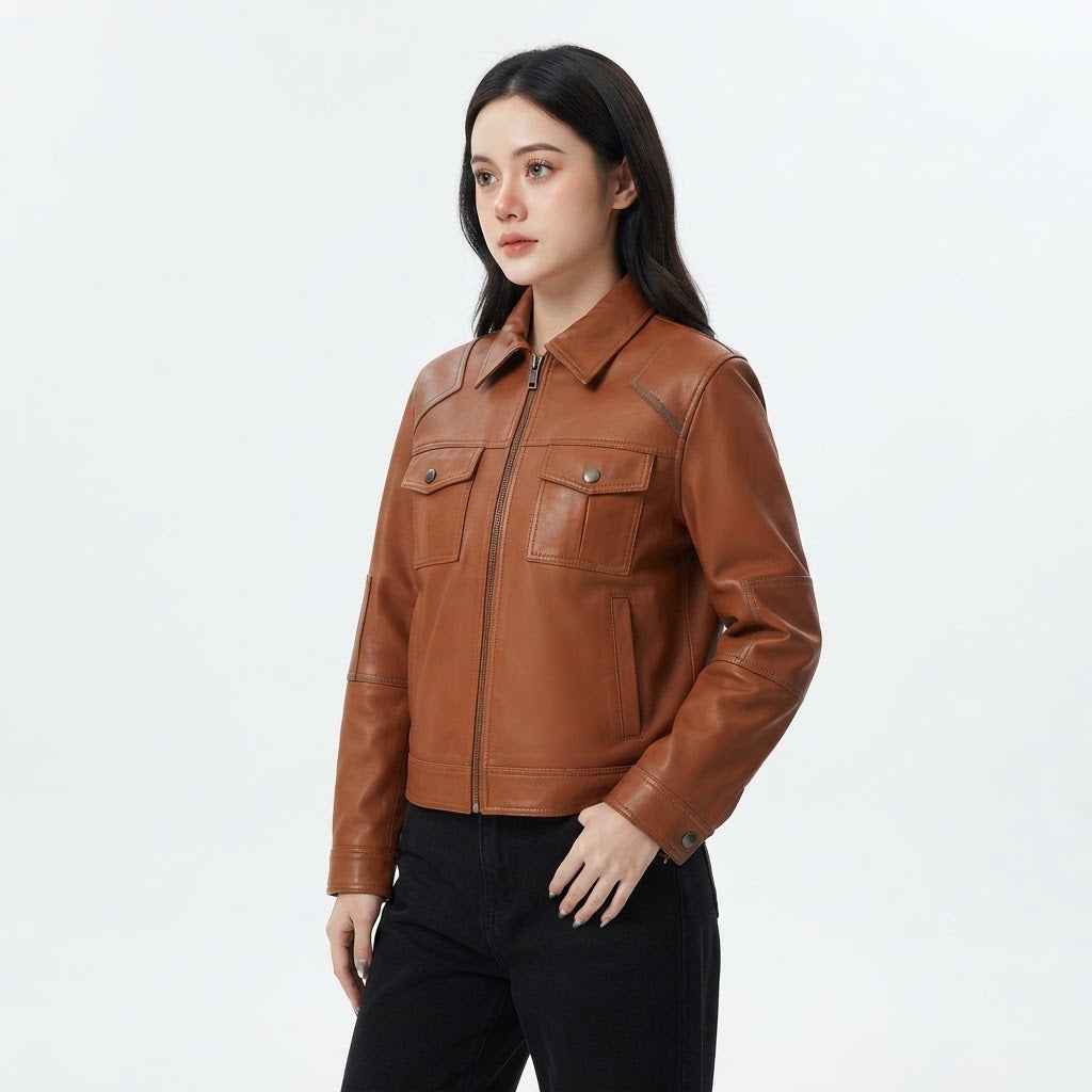 Women’s Burnt Caramel Leather Utility Fall Jacket | Premium Genuine Leather Jacket