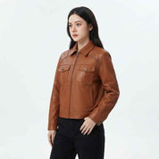 Women’s Burnt Caramel Leather Utility Fall Jacket | Premium Genuine Leather Jacket