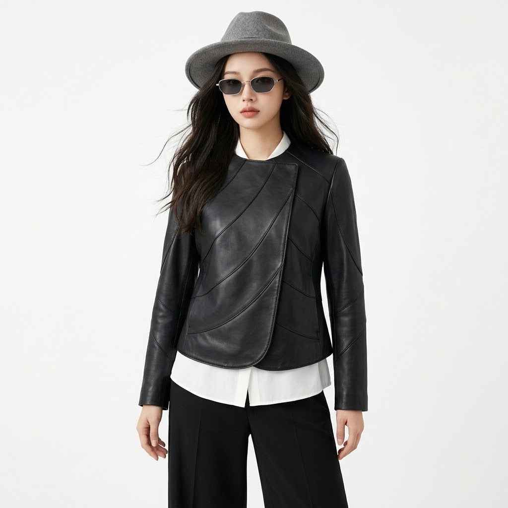 Women’s Sculpted Asymmetric Panel Leather Jacket | Premium Moto Jacket