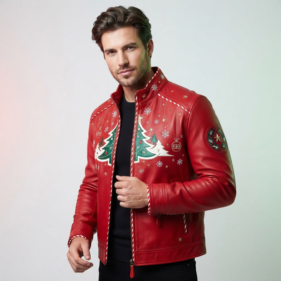 Men’s Red Christmas Leather Jacket | Printed Holiday Jacket