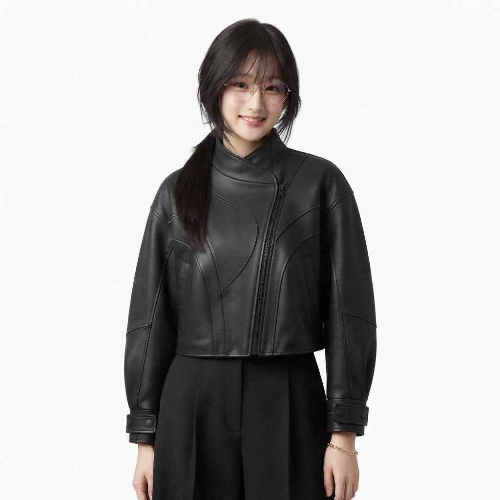 Women’s Cropped Asymmetric Leather Jacket | Premium Lambskin Moto Biker Jacket