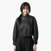 Women’s Cropped Asymmetric Leather Jacket | Premium Lambskin Moto Biker Jacket