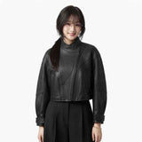 Women’s Cropped Asymmetric Leather Jacket | Premium Lambskin Moto Biker Jacket