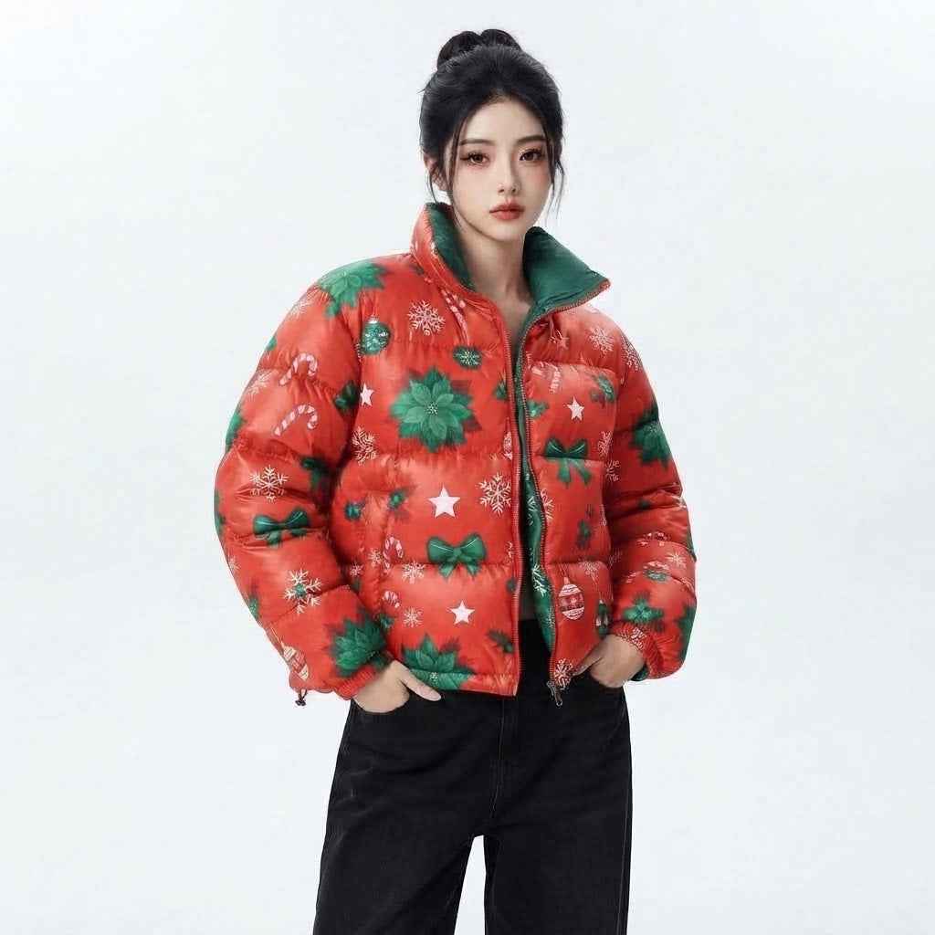 Women’s Green Christmas Printed Puffer Jacket | Festive Winter Jacket