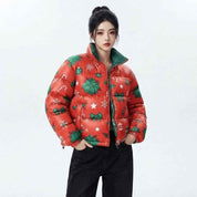 Women’s Green Christmas Printed Puffer Jacket | Festive Winter Jacket