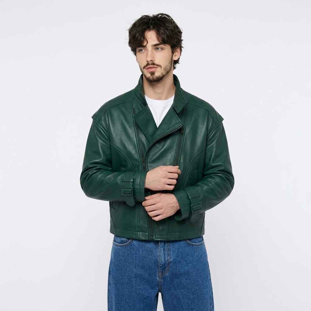 Men’s Offset Double-Zip Leather Jacket | Stylish Premium Biker Jacket