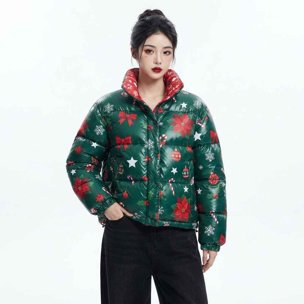 Women’s Green Christmas Printed Puffer Jacket | Festive Winter Jacket