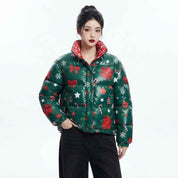 Women’s Green Christmas Printed Puffer Jacket | Festive Winter Jacket