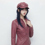 Women’s Diagonal Pleat Leather Jacket | Premium Genuine Leather