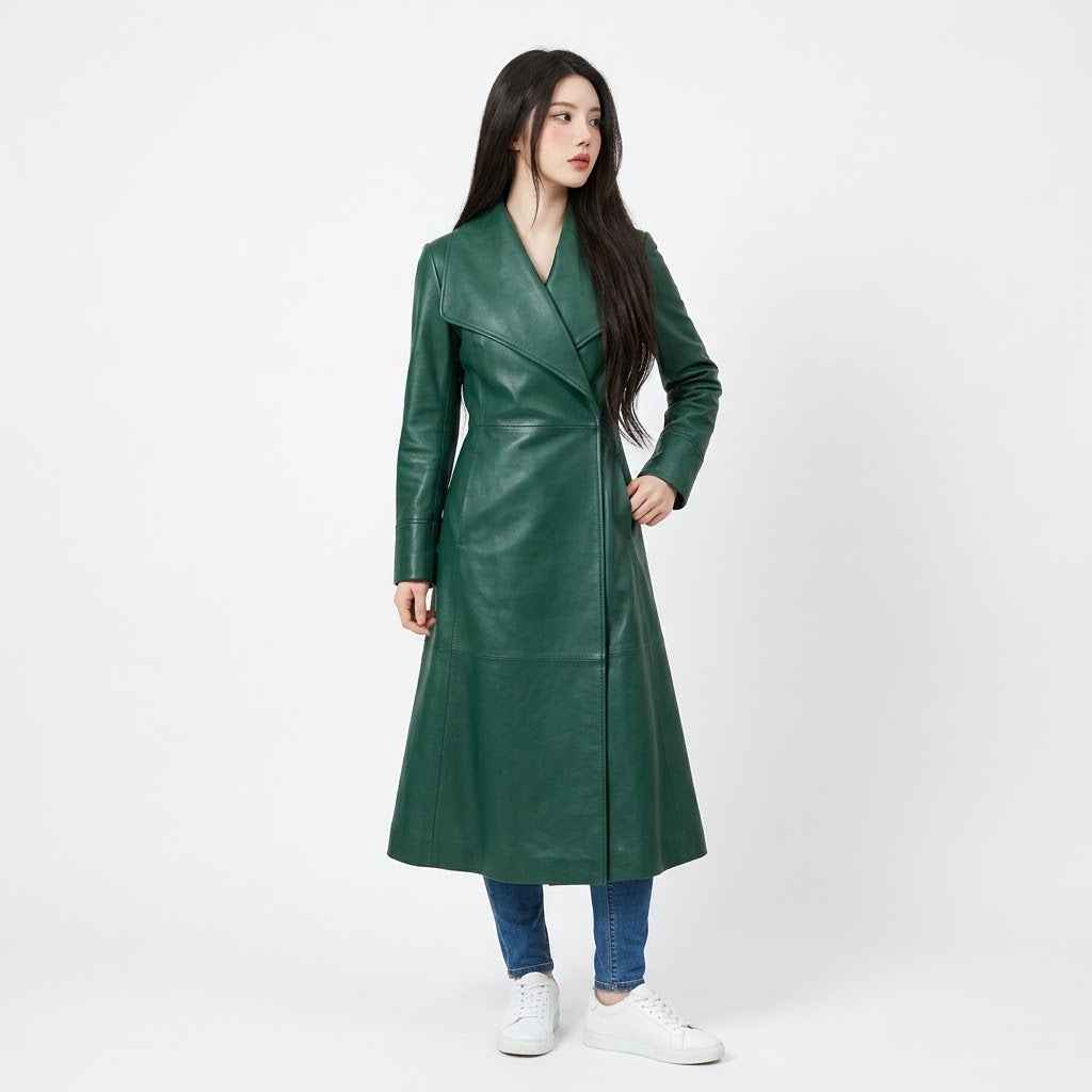 Women’s Leather Wrap-Collar Maxi Coat | Stylish Premium Leather Coat