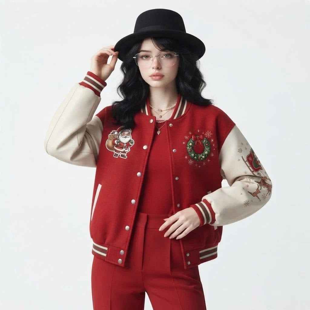 Women’s Christmas Varsity Letterman Jacket | Festive Embroidered  Bomber Jacket
