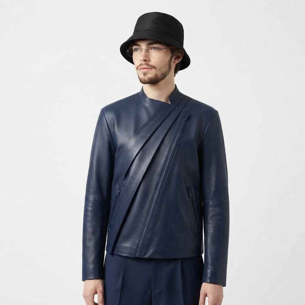 Men’s Diagonal Pleat Leather Jacket | Premium Genuine Leather Jacket
