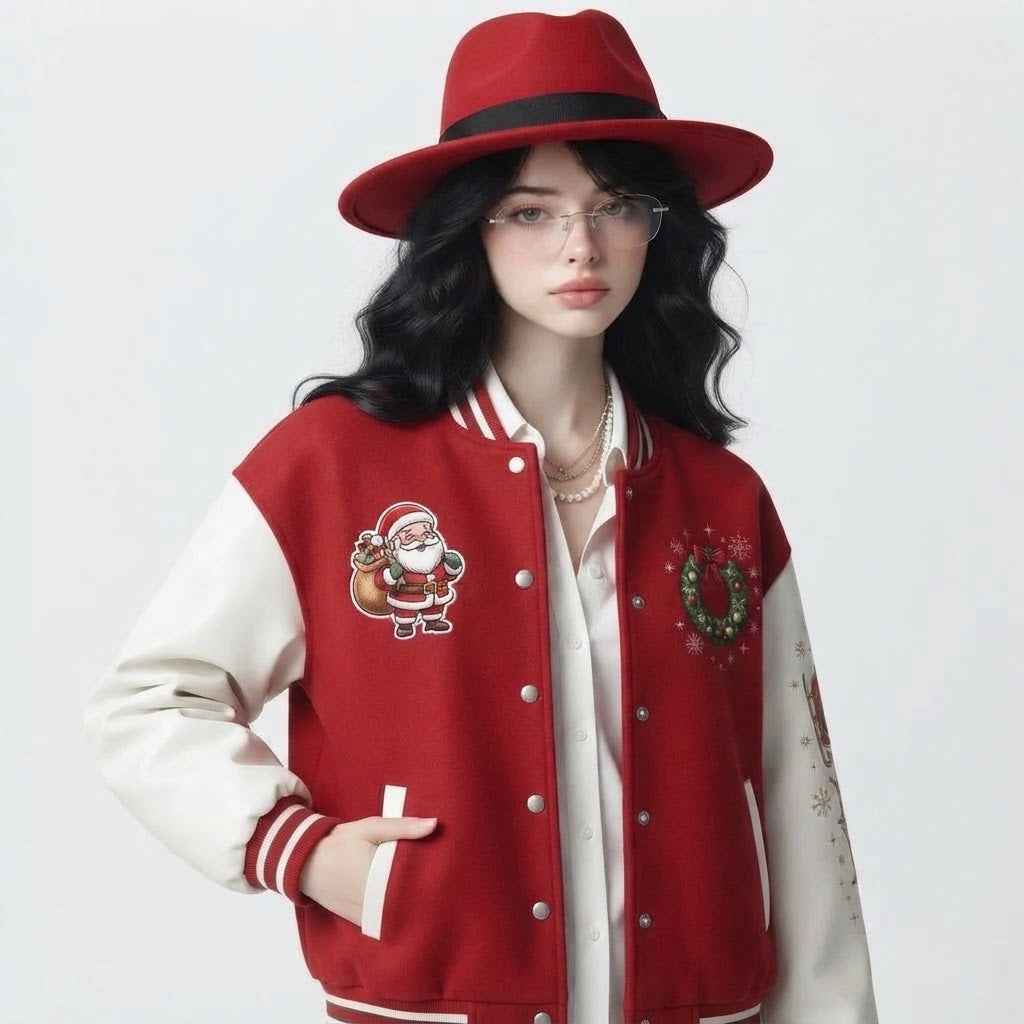 Women’s Christmas Varsity Letterman Jacket | Festive Embroidered  Bomber Jacket