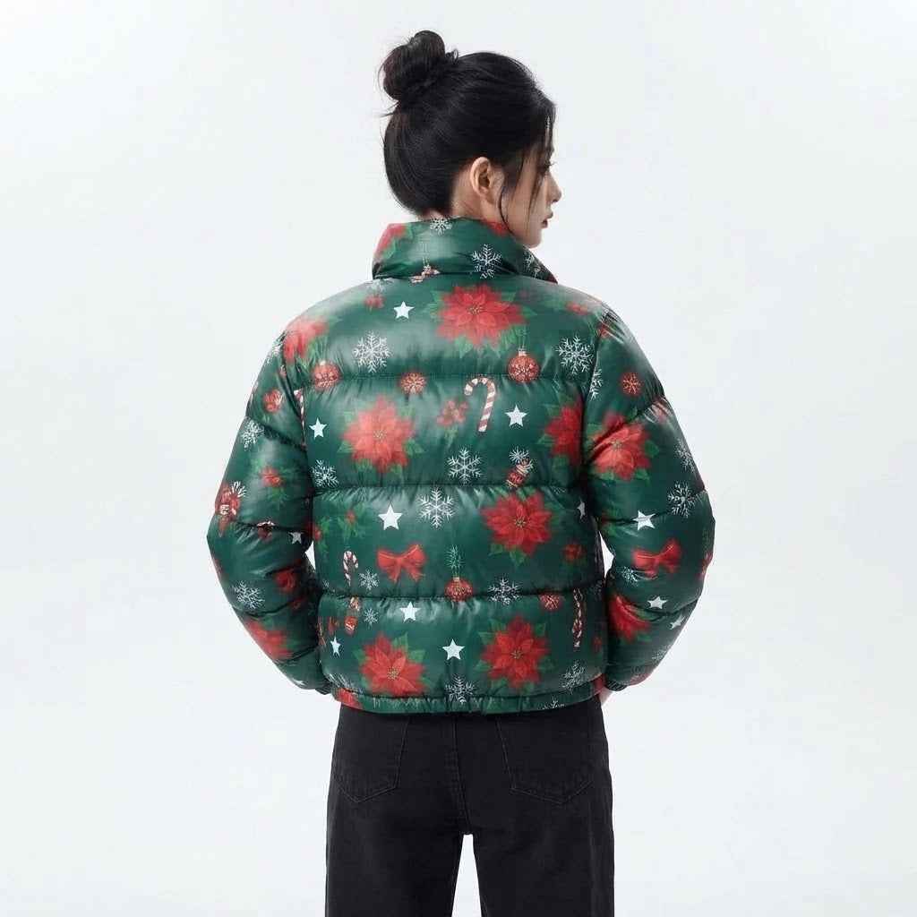 Women’s Green Christmas Printed Puffer Jacket | Festive Winter Jacket