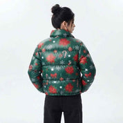 Women’s Green Christmas Printed Puffer Jacket | Festive Winter Jacket
