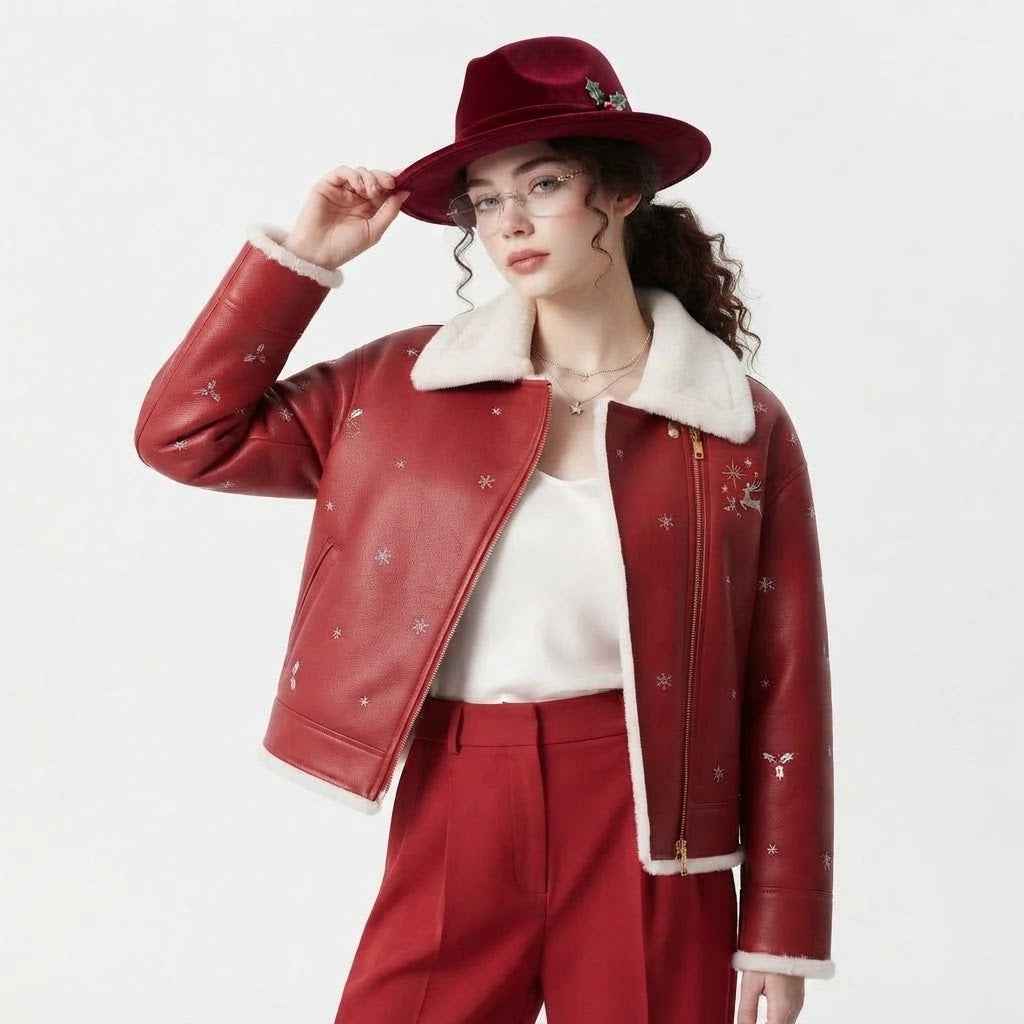Women’s Red Faux Leather Christmas Jacket | Festive Holiday Biker Jacket