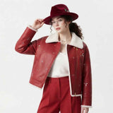 Women’s Red Faux Leather Christmas Jacket | Festive Holiday Biker Jacket
