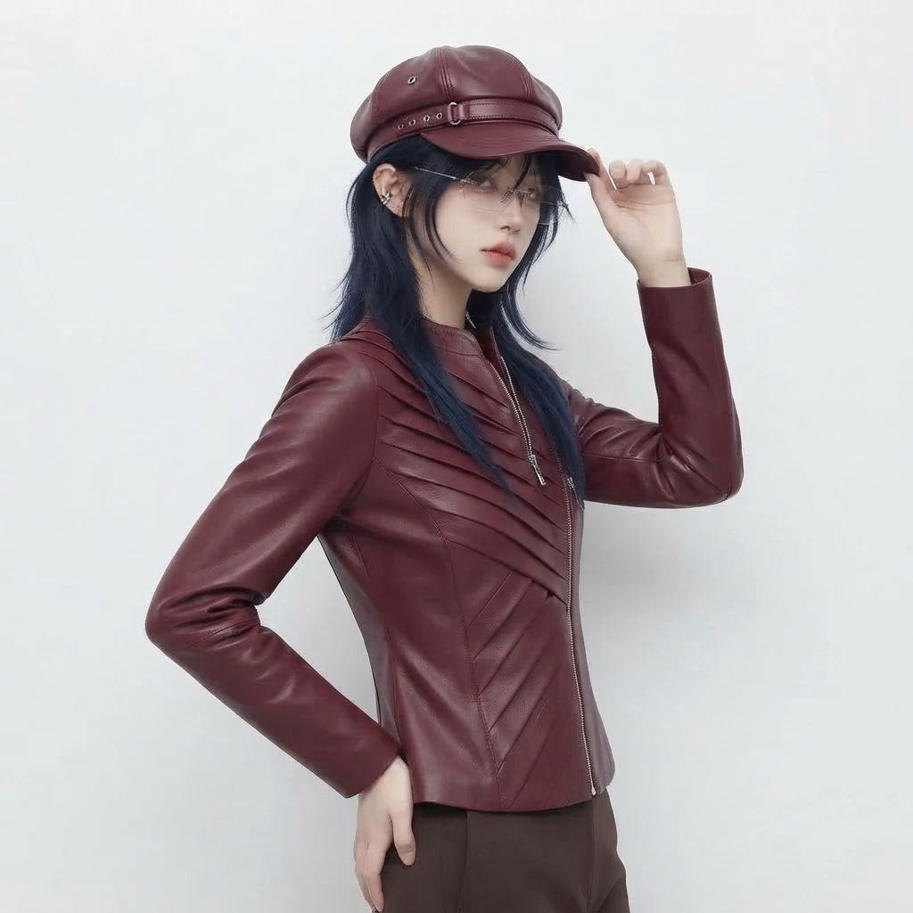 Women’s Diagonal Pleat Leather Jacket | Premium Genuine Leather