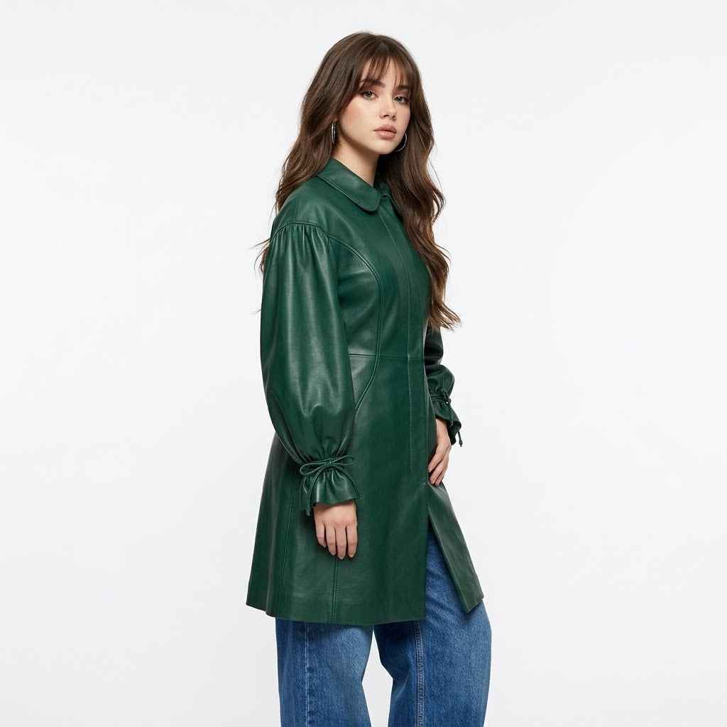 Women’s Leather Balloon-Sleeve Long Coat | Stylish Premium Leather Coat