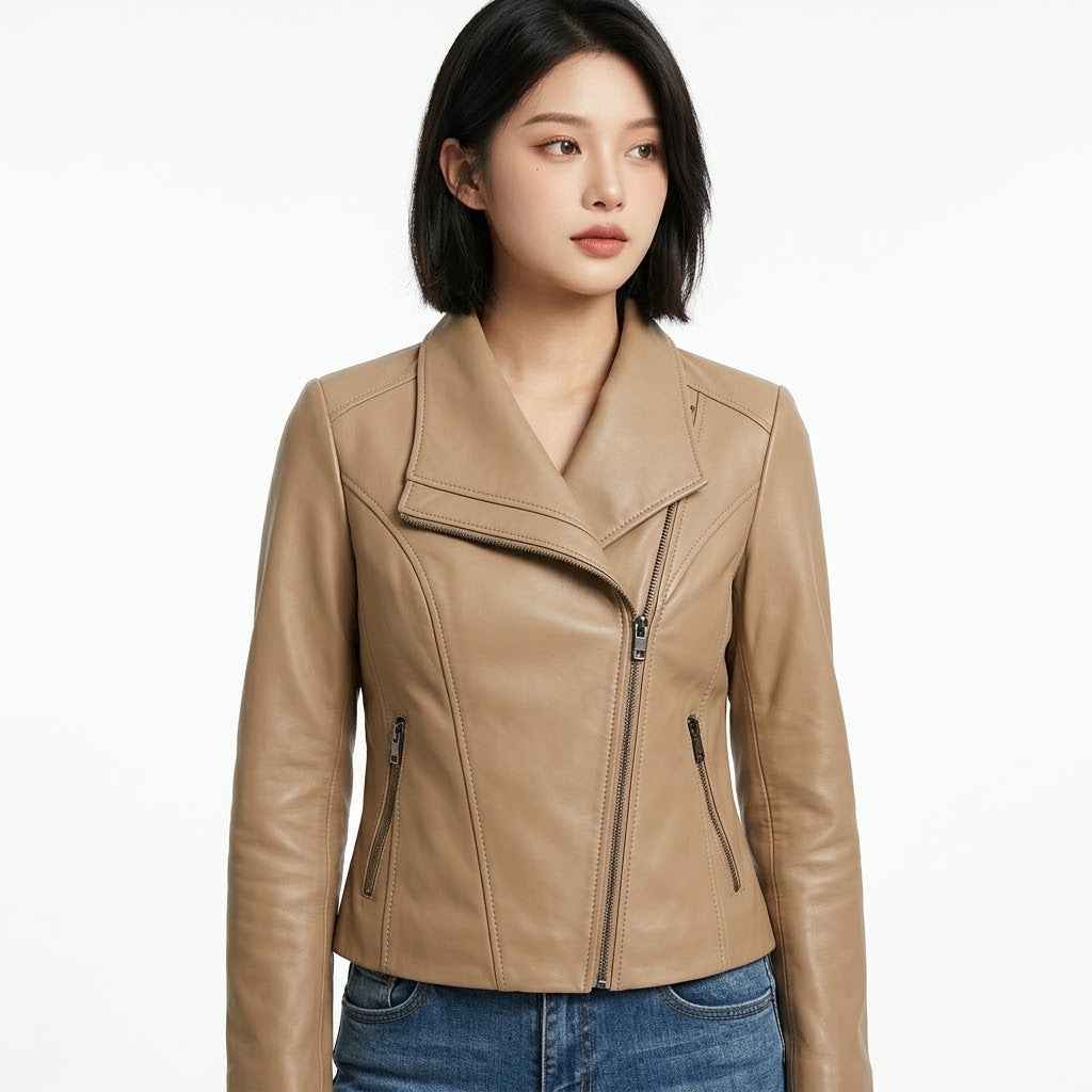 Women’s Sculpted Asymmetric Leather Jacket | Stylish Premium Biker Jacket