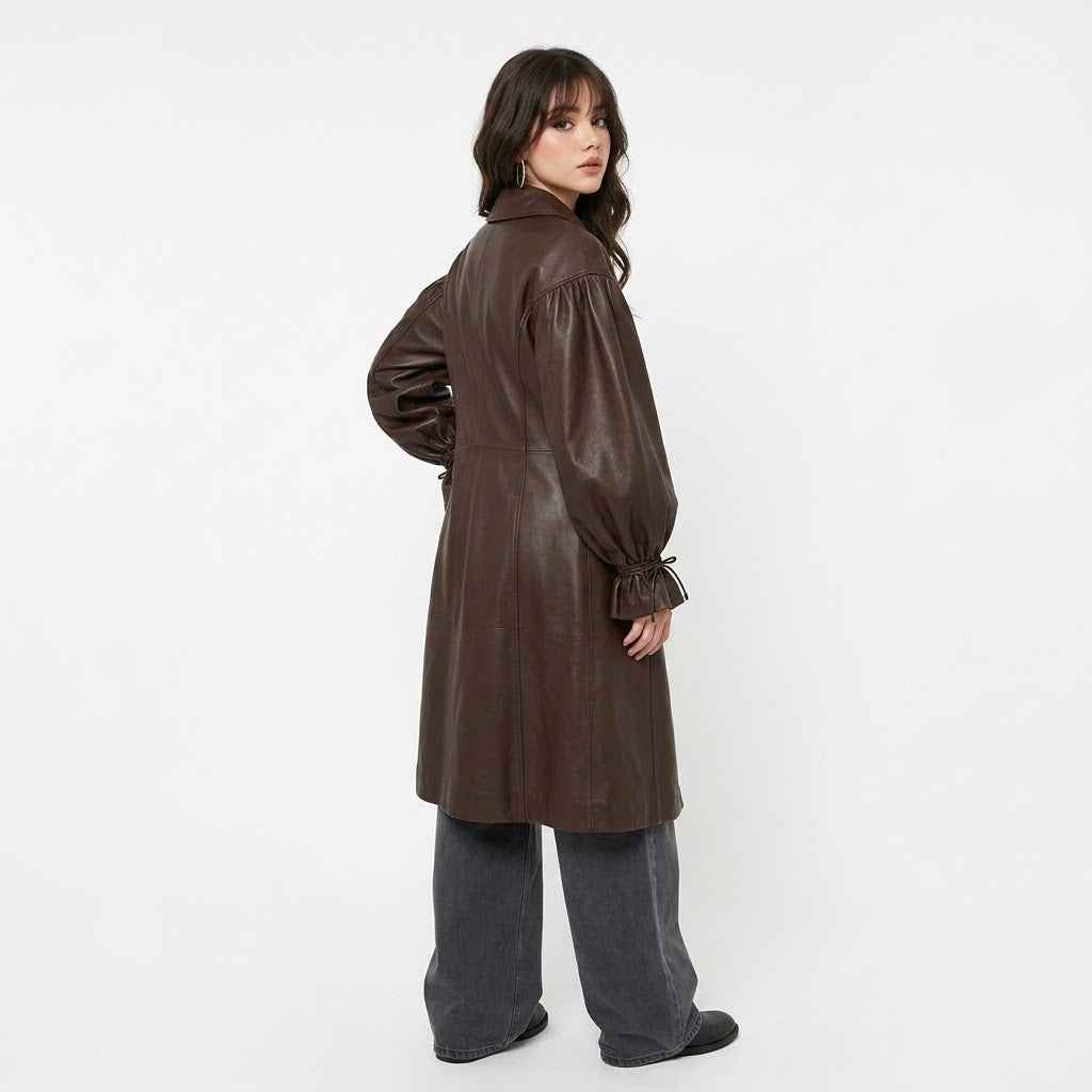 Women’s Leather Balloon-Sleeve Long Coat | Stylish Premium Leather Coat