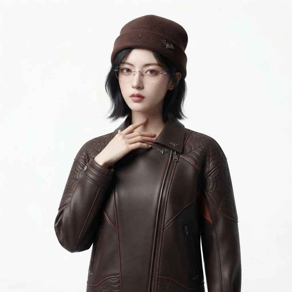 Women’s Spooky Season Leather Jacket | Spiderweb & Bat Detail Fashion Jacket