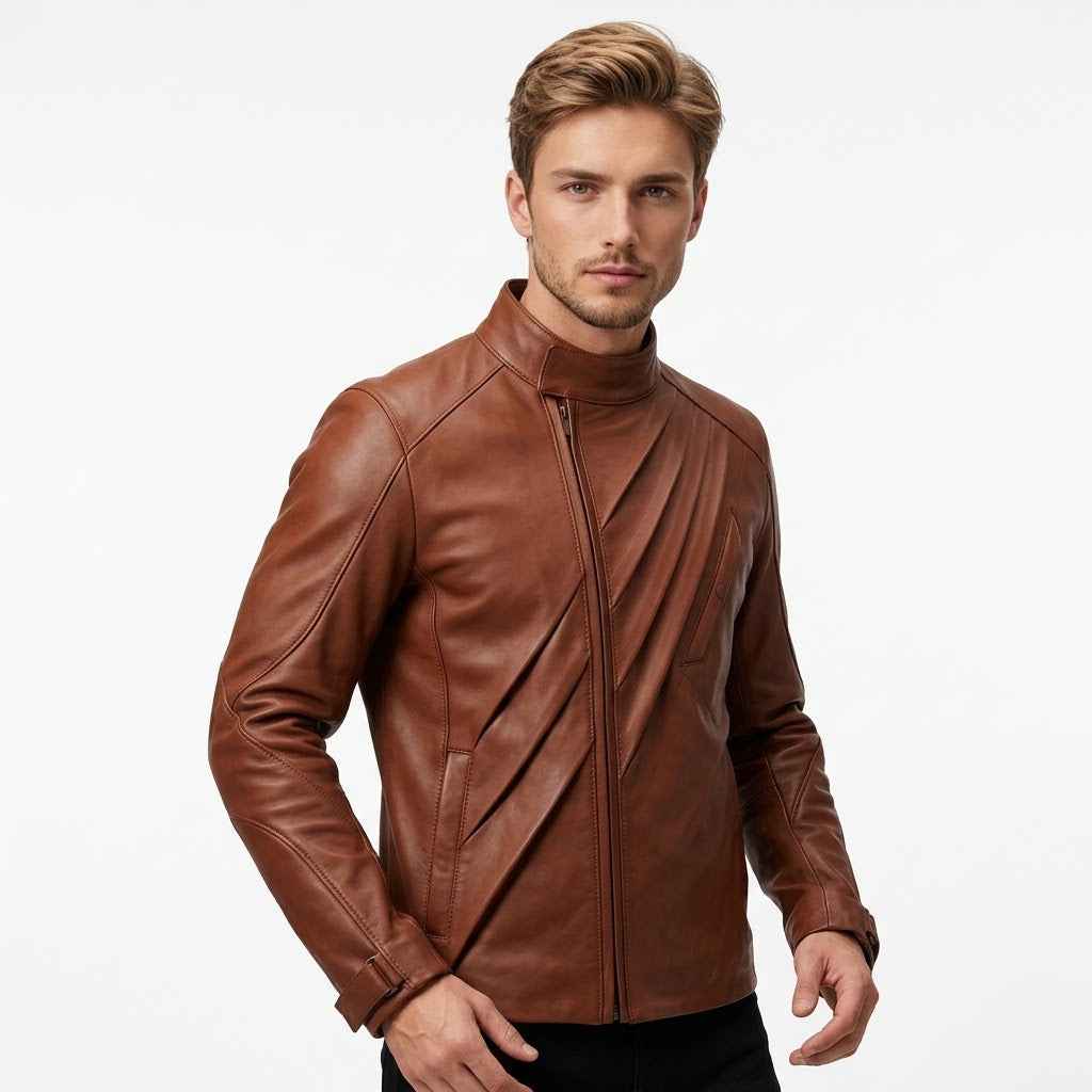 Men's Diagonal Pleat Leather Field Jacket | Stylish Premium Leather Jacket