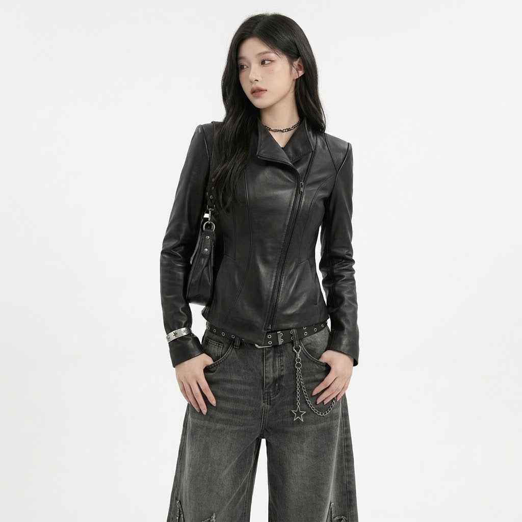 Women’s Asymmetric Sculpted Leather Jacket | Premium Biker Jacket