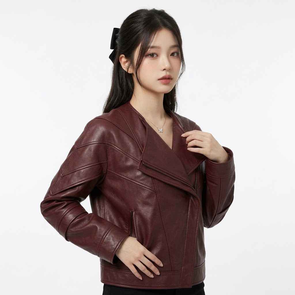 Sculptural Fold-Front Leather Jacket | Women’s Stylish Premium Leather Jacket