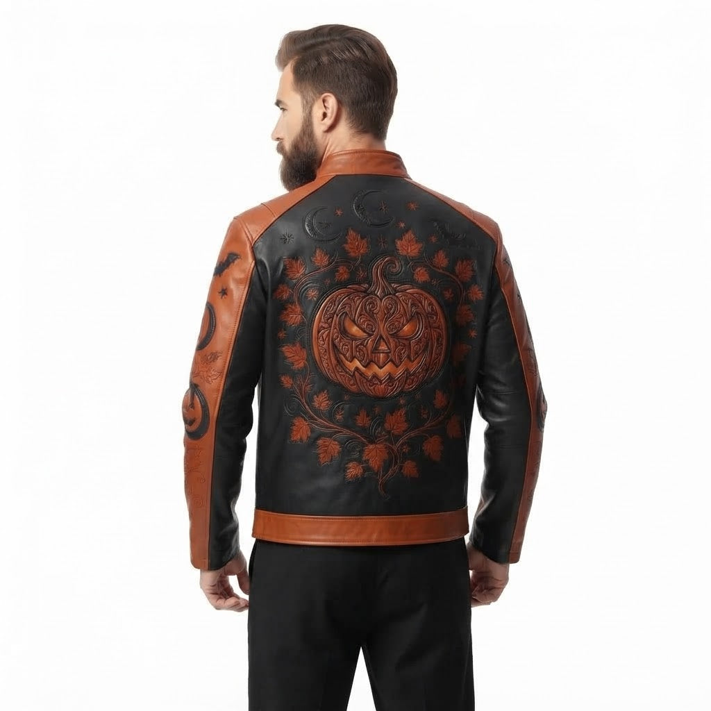 Men’s Festive Halloween Leather Jacket – Premium Pumpkin & Bat Fashion Jacket