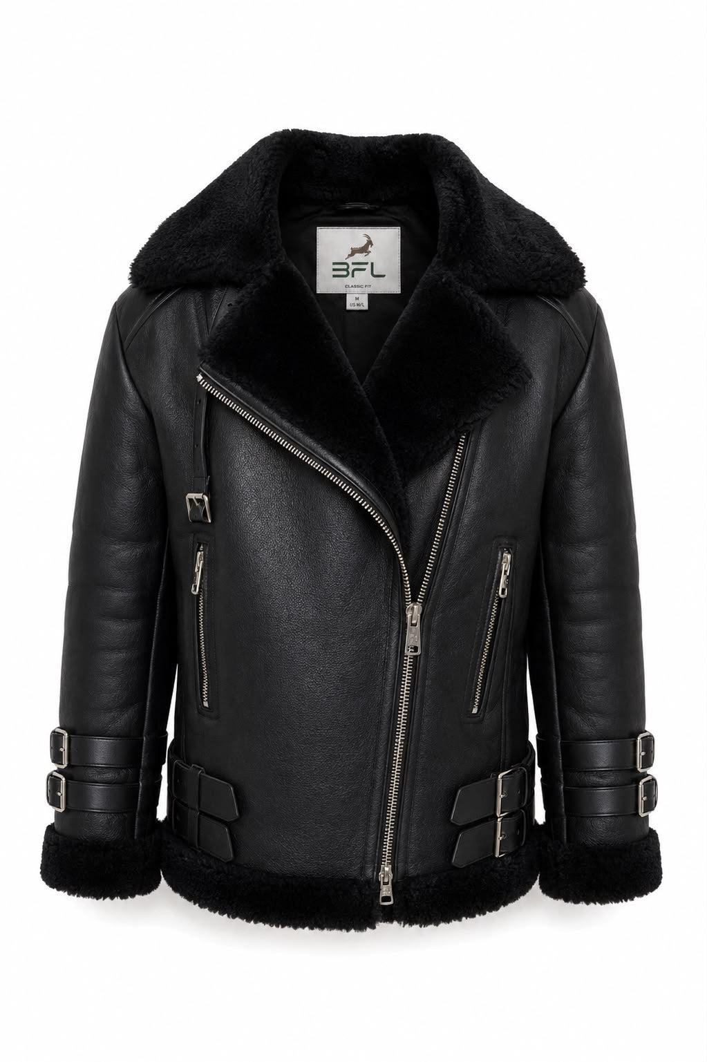 BFL Verona Women’s Premium Black Shearling Aviator Leather Jacket.