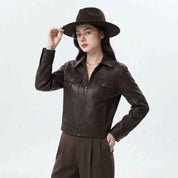 Women’s Burnt Caramel Leather Utility Fall Jacket | Premium Genuine Leather Jacket