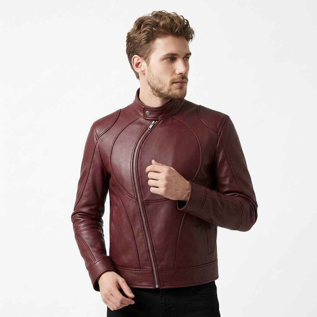 Men’s Curved Zip Racing Leather Jacket | Stylish Motorcycle Jacket