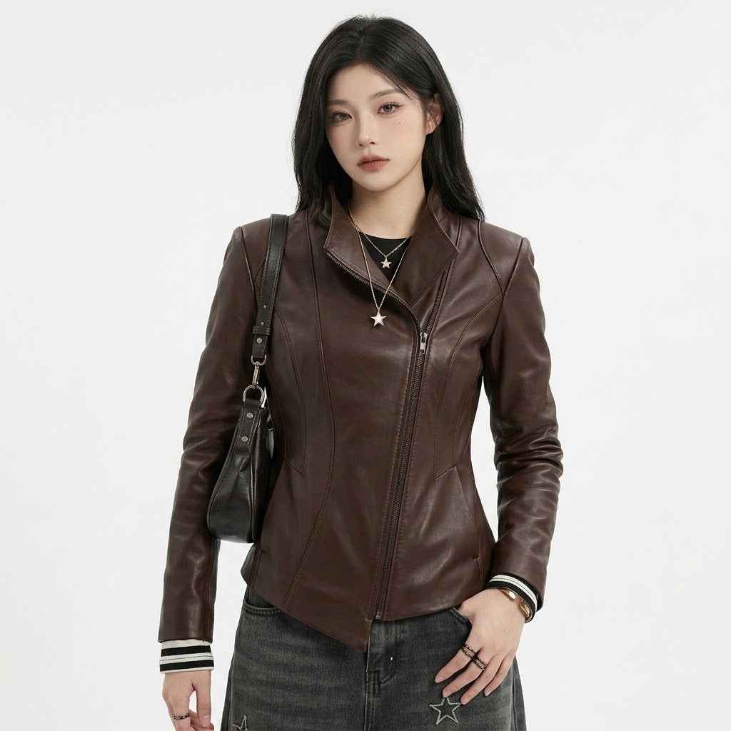 Women’s Asymmetric Sculpted Leather Jacket | Premium Biker Jacket
