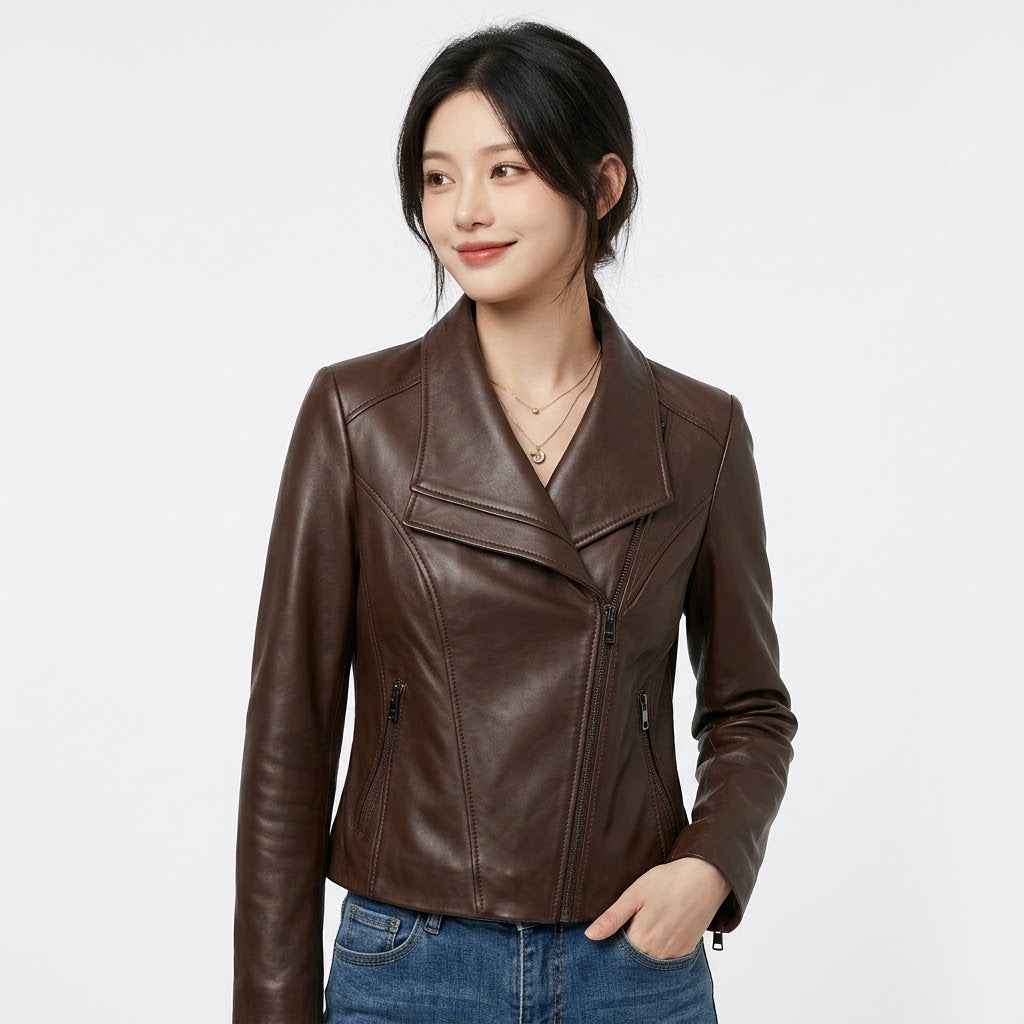 Women’s Sculpted Asymmetric Leather Jacket | Stylish Premium Biker Jacket