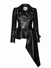 BFL Luxe Asymmetrical Peplum Designer Leather Coat – Women’s Jacket