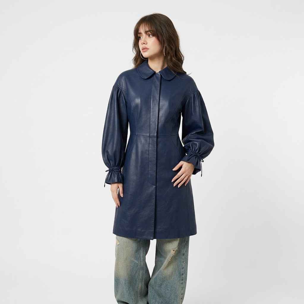 Women’s Leather Balloon-Sleeve Long Coat | Stylish Premium Leather Coat