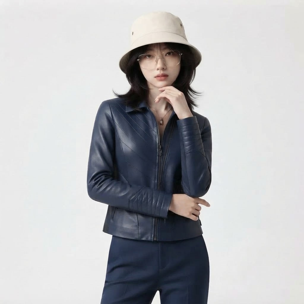 Women’s Diagonal Pleat Leather Jacket | Premium Genuine Leather