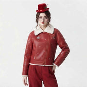 Women’s Red Faux Leather Christmas Jacket | Festive Holiday Biker Jacket