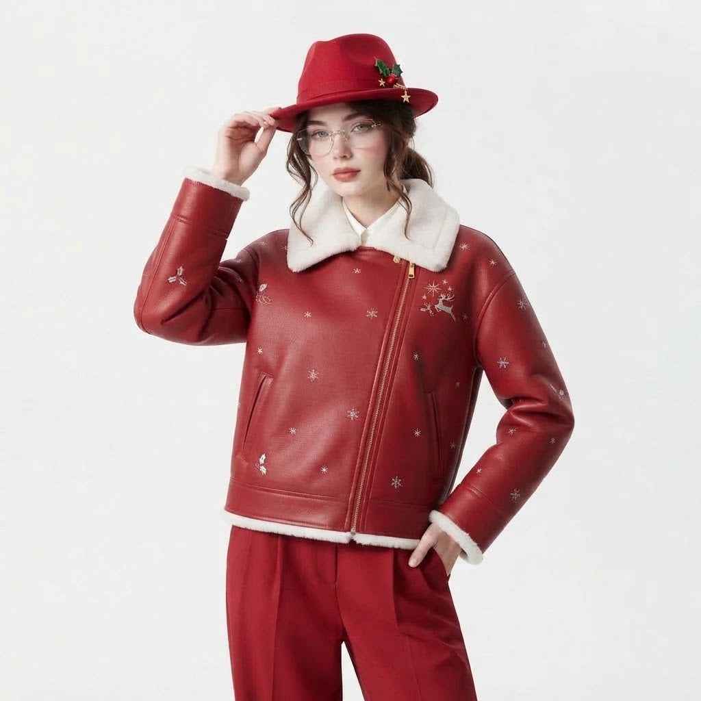Women’s Red Faux Leather Christmas Jacket | Festive Holiday Biker Jacket