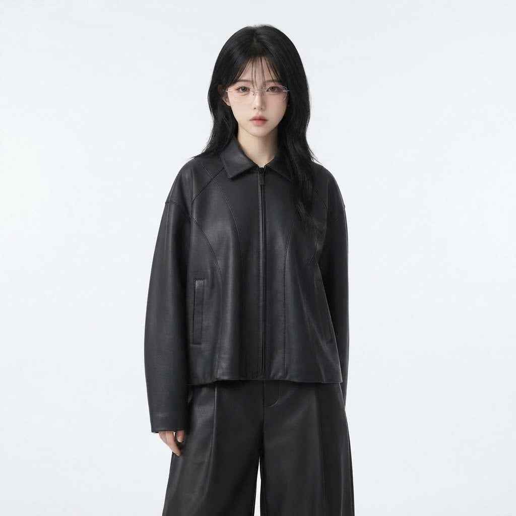 Women’s Oversized Curved-Panel Leather Jacket | Premium Leather Jacket