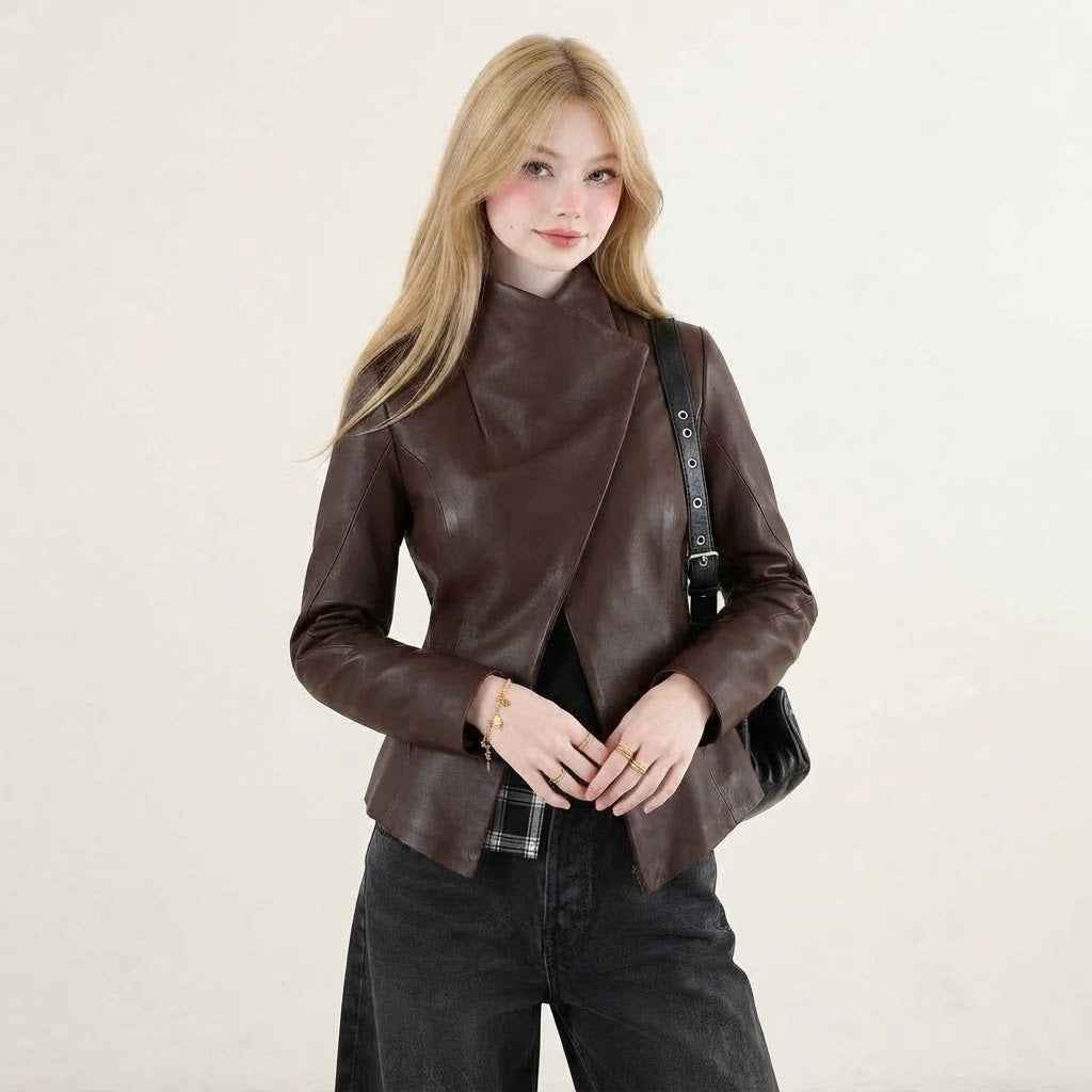 Draped Sculpted Leather Jacket | Premium Women’s Biker Jacket