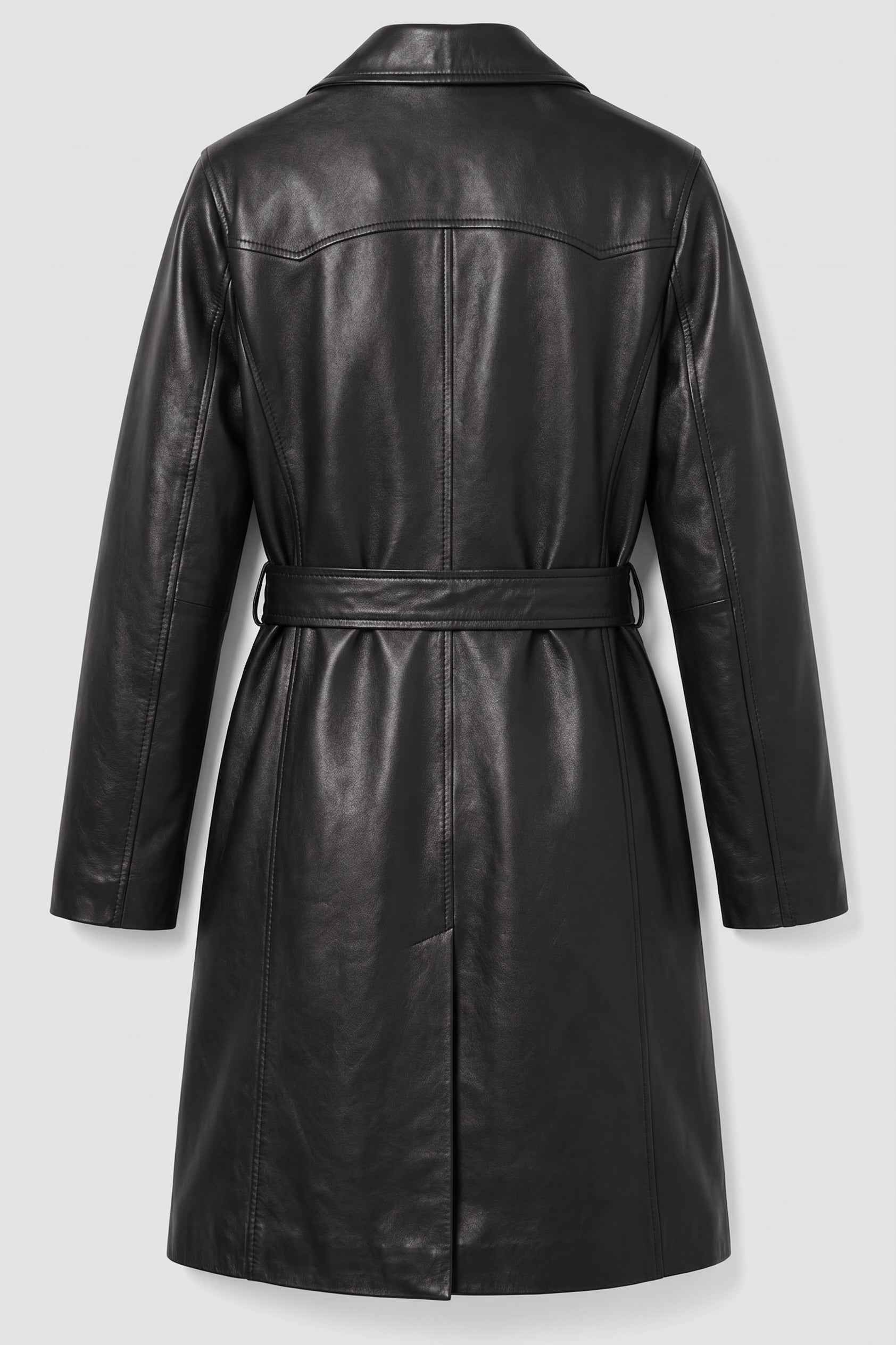 BFL Women’s Black Genuine Leather Trench Coat – Belted Long Overcoat