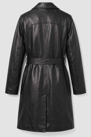 BFL Women’s Black Genuine Leather Trench Coat – Belted Long Overcoat